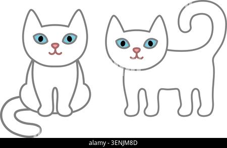 Cute white cats set icon in simple minimal cartoon style with bright blue eyes. Clean flat design with bold outline, perfect for stickers, icons, kids Stock Vector