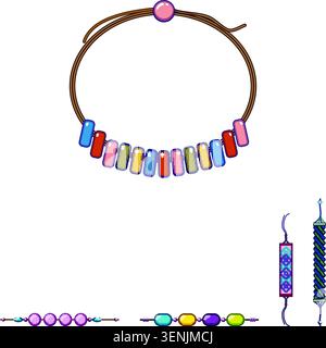 Assortment of colorful handmade friendship bracelets and beaded bands showcasing playful patterns, knots, charms, and woven textures for fashion, gift Stock Vector