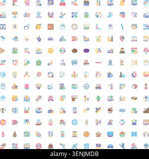 Collection of various colorful linear icons with fill for diverse topics, perfect for websites, mobile apps, business presentations, infographics, and Stock Vector