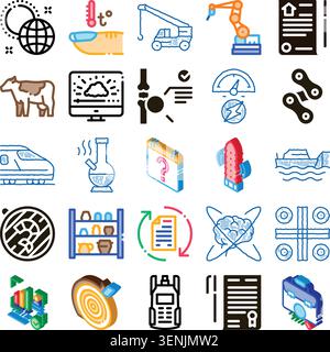 Set of flat isometric icons for global communication, industry, construction, robotics, health, transport, energy, agriculture, chemistry, planning, d Stock Vector