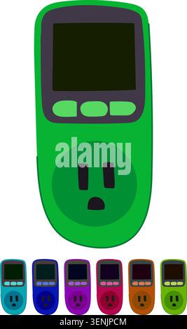 Green electronic watt meter with digital display showing appliance power consumption and usage data, ideal for home energy monitoring, cost tracking a Stock Vector