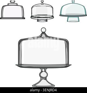 Transparent bakery cloche and plate display variations for confectionery, presenting serving dishes and showcasing elegance in sweet food presentation Stock Vector