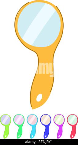 Handheld personal accessory featuring a red handle and a circular reflective surface, commonly used for grooming, makeup application, or examining det Stock Vector