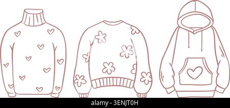 Female warm winter sweaters, hand drawn set. Illustration of an autumn knitted cardigan, casual clothing style for women. Jumper with hearts and flowe Stock Vector