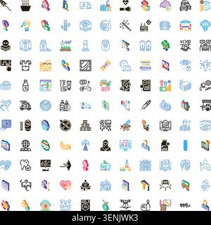 Large collection of diverse isometric icons representing various concepts, businesses, industries, health, technology, logistics, communication, and e Stock Vector