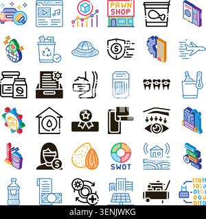 Exploring a comprehensive set of colorful line and solid icons illustrating various businesses, services, and conceptual themes for marketing and digi Stock Vector
