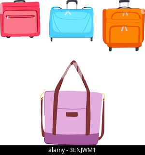 Diverse collection of colorful travel bags and suitcases with wheels, including a garment bag, carrying essentials for vacation, flight journeys, or p Stock Vector