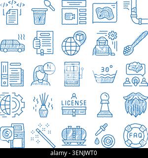 Diverse collection of blue hand drawn doodle line icons depicting various concepts related to technology, business, leisure, health, education, and so Stock Vector