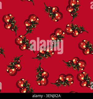 pattern cherry tomatoes hand drawn vector. red small, fresh organic, branch vegetable, food green top view, half above, agriculture healthy cherry tom Stock Vector