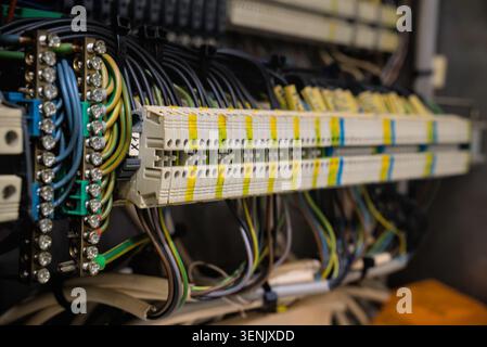 Electrical Terminal Blocks with Connected Wires in Control Box Stock Photo