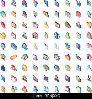 Collection of colorful isometric icons representing various business, technology, social, and everyday objects for graphic design and web applications Stock Vector