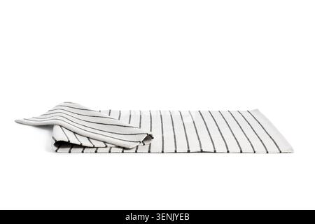 White and black striped kitchen towel or dishcloth, folded textile for cleaning and drying, isolated on white background Stock Photo