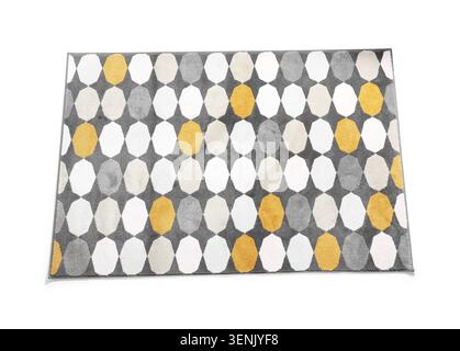 Modern geometric pattern area rug with gray, white, and yellow hexagons, contemporary home decor textile Stock Photo