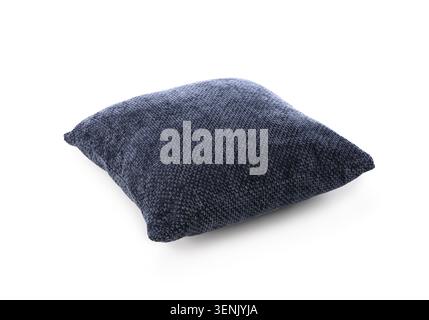 Comfortable dark blue square decorative pillow with textured fabric for home decor and interior design, this soft textile object provides comfort and Stock Photo