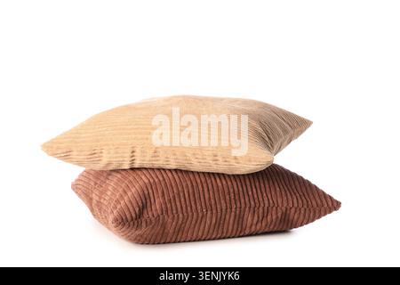 Stacked beige and brown corduroy pillows, soft home decor and comfort, cozy textile design, isolated on white background Stock Photo
