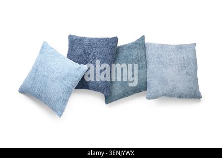 Row of four blue and teal decorative throw pillows with textured fabric for home decor and interior design, each pillow features a textured fabric, ad Stock Photo