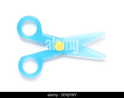 Bright blue plastic safety scissors for childrens craft projects and school supplies, isolated on white background, the child-friendly cutting tool fe Stock Photo