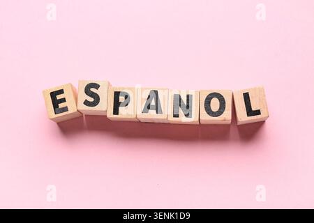 Español word on wooden blocks, language learning and education concept, spanish culture and communication Stock Photo
