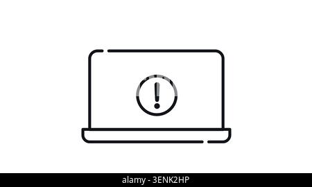 Laptop system alert icon: portable notebook computer with exclamation mark on screen, minimalist black line art vector illustration for error and warn Stock Vector