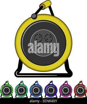Portable red and black extension cord reel providing multiple outlets for electrical power distribution, essential equipment for home improvement or c Stock Vector