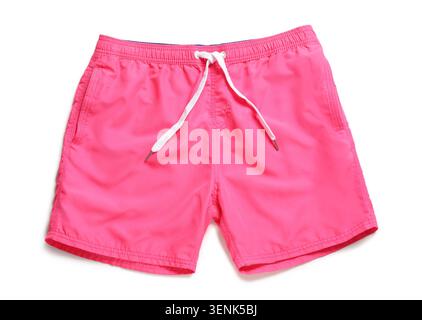 Bright pink swim trunks with white drawstring, summer beachwear and vacation apparel, isolated on white background Stock Photo