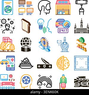 Abstract icon collection illustrating concepts of education, technology, brain functionality, nature, business, travel, digital communication, and eve Stock Vector