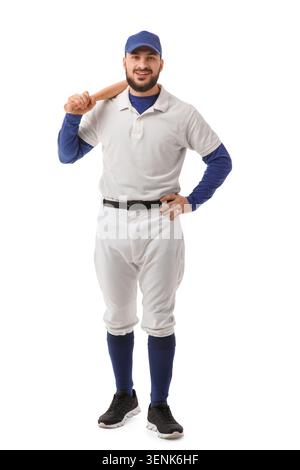 Smiling young adult baseball player in uniform holding bat, sports and recreation, isolated on white background Stock Photo