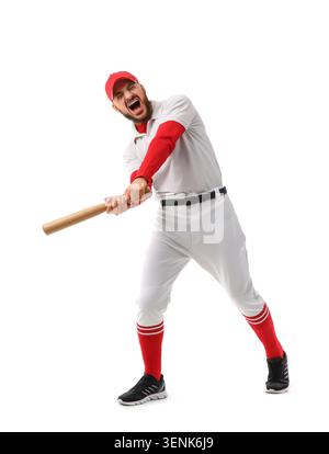 Aggressive baseball player swinging bat with intense expression, sports competition and athletic performance concept, a male baseball player in a whit Stock Photo