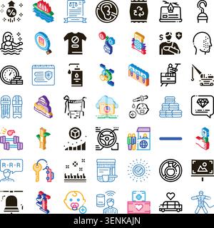 Set of various conceptual line and isometric icons finding application in healthcare, technology, environment, industry, finance, and society, forming Stock Vector