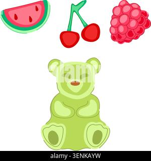 Assorted colorful sweet gummy candies and fruit flavored confections, including a green bear, watermelon slice, cherries, and raspberry, creating a pl Stock Vector