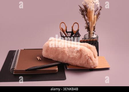 Fluffy pencil case, pens, notebooks, holder and vase with pampas grass on brown background Stock Photo