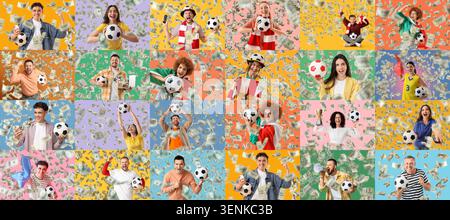 Excited soccer fans celebrating victory with falling money, sports betting and online gambling success, diverse individuals express joy and happiness Stock Photo