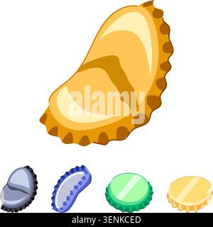 Variety of bent and new metal bottle caps in assorted colors and shapes for beverage packaging, shown on a clean white background for product and desi Stock Vector