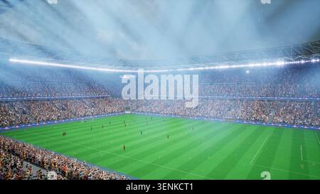 3D rendered soccer players doing ball kickoff on stadium pitch during match played late on snowy night. Computer graphics simulation of snow falling over of crowd cheering team athletes Stock Photo