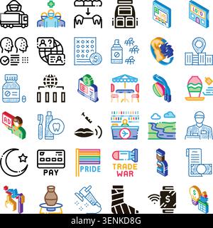 Seamless vector pattern of line icons representing global themes, healthcare, dentistry, finance, e learning, travel, nature, equality and trade for d Stock Vector