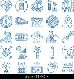 Set of hand drawn outline icons illustrating various aspects of modern life, including safety, health, travel, communication, finance, business, envir Stock Vector