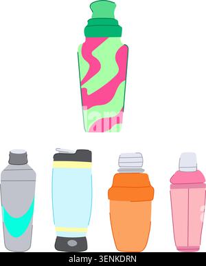 Collection of stylized beverage containers and shakers, illustrating various designs for mixing drinks, protein, and cocktails, presented as isolated Stock Vector