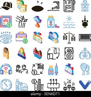 Collection of isometric icons and outline symbols illustrating a wide array of concepts including business, technology, finance, travel, health, food, Stock Vector