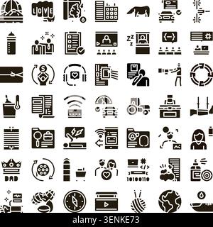 Collection of solid black glyph icons depicting various concepts related to modern business activities, technology, communication, education, and ever Stock Vector