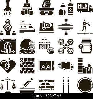 Variety of diverse glyph icons representing various aspects of business, social interaction, technology, transportation, health, and everyday life con Stock Vector