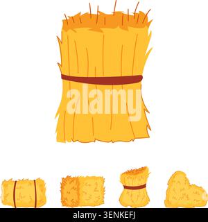Various dry grass, straw, and hay bales in different shapes and bundles, providing essential elements for farming, livestock feed, and countryside con Stock Vector