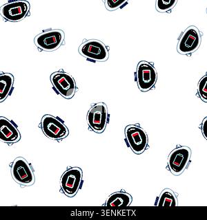 pattern Robot character, a white rounded head with small ears, displaying a critically low battery icon on its dark screen face, symbolizing exhaustio Stock Vector