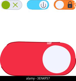 Collection of colorful graphical user interface toggle switches and sliders depicting various states like on. Off. Locked. And user interaction for mo Stock Vector