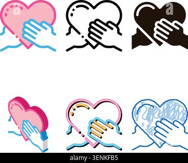 Volunteers Support Hand Hold Vector Thin Line Icon. mix Volunteers Support, Charitable Organizations, Two Arm Keeping Heart Linear Pictogram. Big Bloo Stock Vector