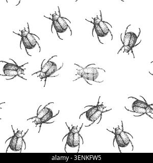 seamless pattern lawn chafer hand drawn. silhouette garden, summer pest, worm compost lawn chafer black sketch illustration Stock Vector