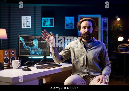 Sentient AI taking control of creator, moving his limbs, starting robot uprising posing risk to mankind, artificial intelligence possessing programmer, planning to do human extinction. Stock Photo
