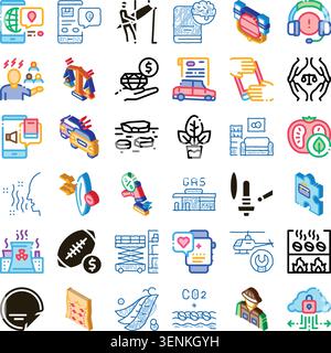 Collection of different vector icon symbols in doodle and isometric styles, illustrating various concepts related to technology, business, nature, and Stock Vector