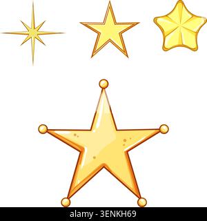 Collection of five pointed golden stars in various styles, including a sheriff badge design, representing concepts of achievement, quality, and celebr Stock Vector