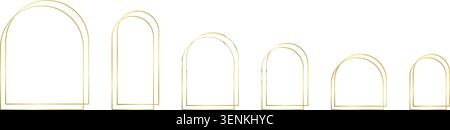 Set of gold double arch frames isolated on white background. Golden archway shapes in art deco or bohemian style. Design elements for wedding or greeting card templates. Vector illustration. Stock Vector