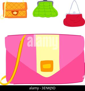 Colorful collection of handbags, clutches and coin purses on white background, illustrating women's fashion accessories for shopping, everyday style a Stock Vector